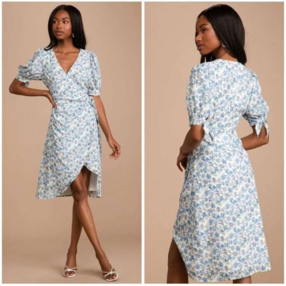 Lulu's Blue and White Floral Wrap Midi Dress